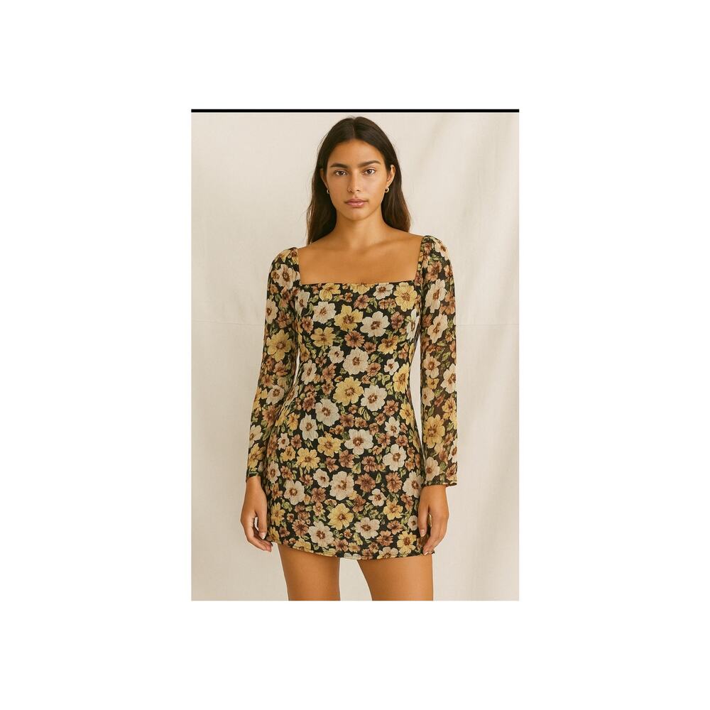 Abbeline Floral Print Long Sleeve Mini Dress Scoop Neck Back Tie NWT XS